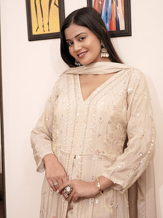 Premium Beige Embroidered Long Kurta Set with Sequin Work & Dupatta