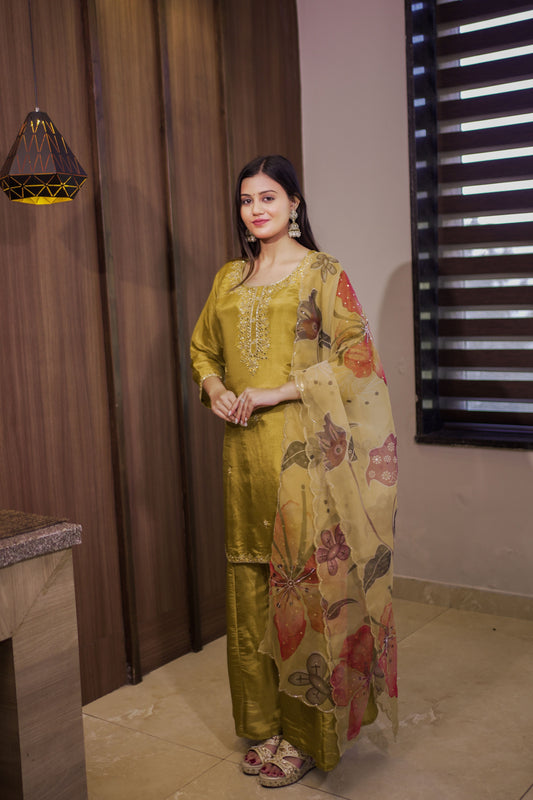 Mustard Silk-Blend Embroidered Suit Set with Printed Dupatta