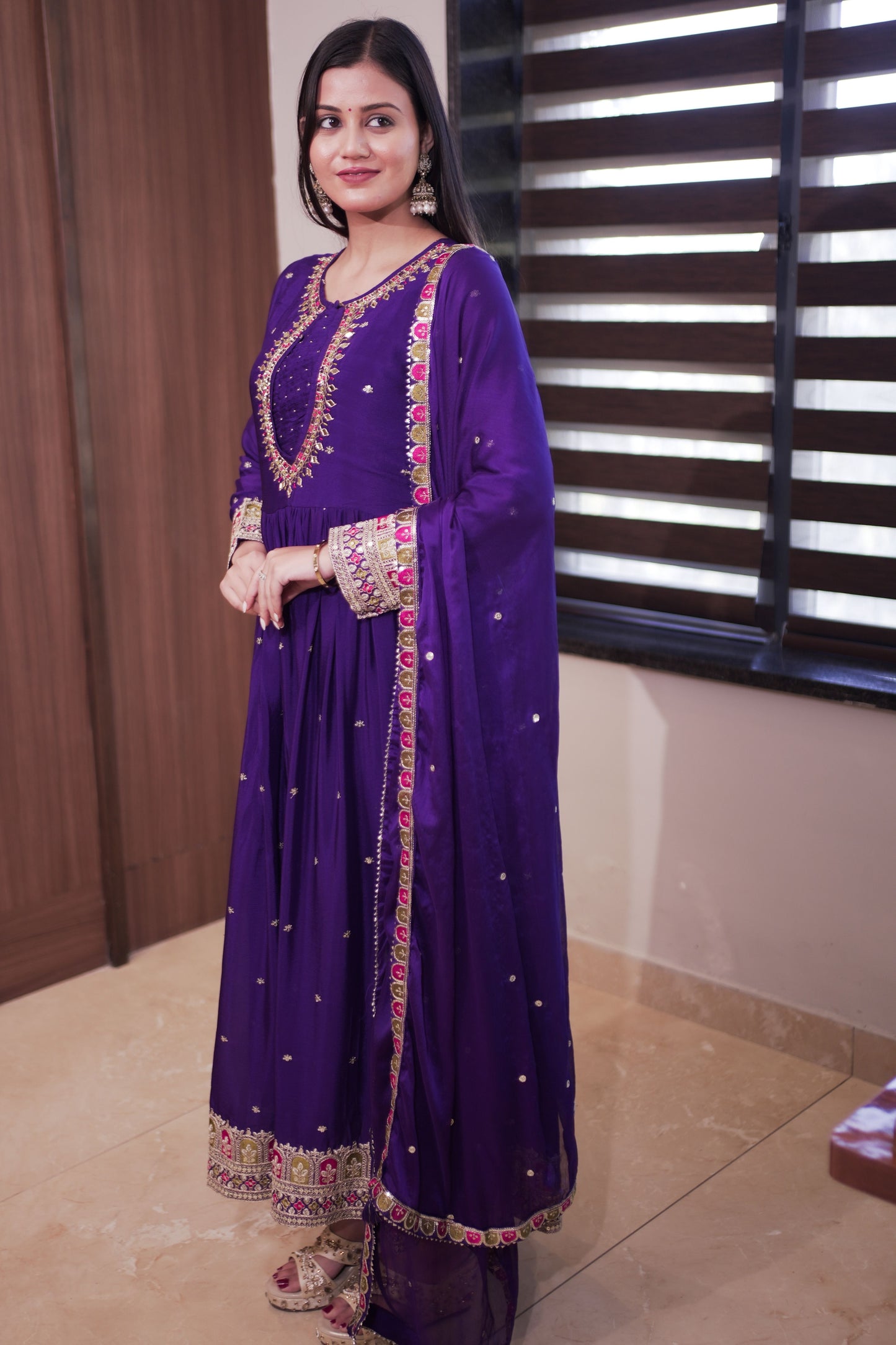 Royal Purple Embroidered Anarkali Suit with Dupatta