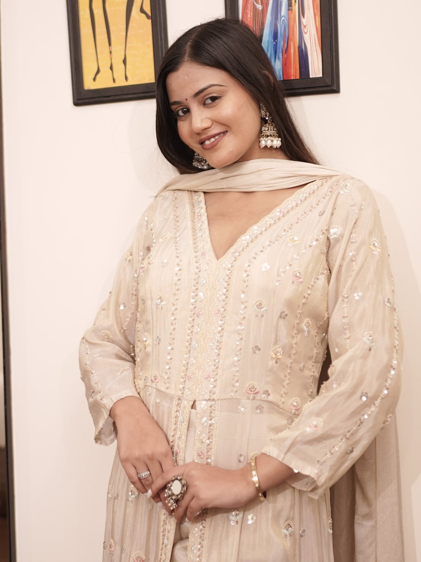 Premium Beige Embroidered Long Kurta Set with Sequin Work & Dupatta