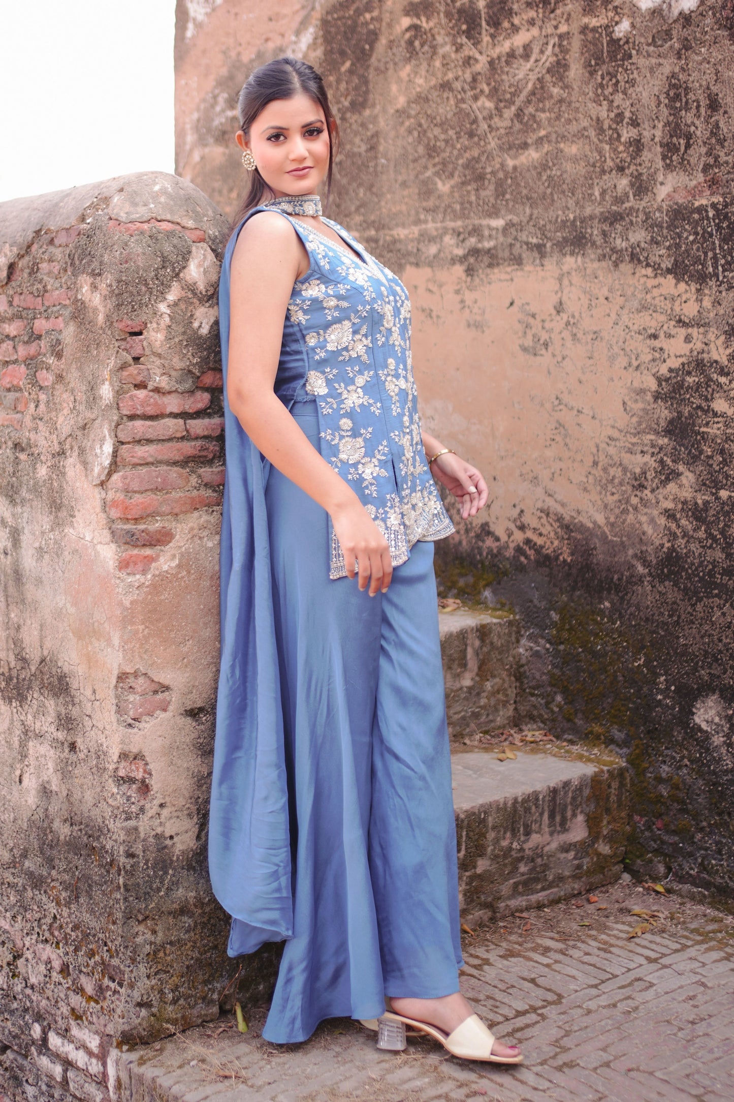 Blue Floral Embroidered Sharara Suit Set GT 715A