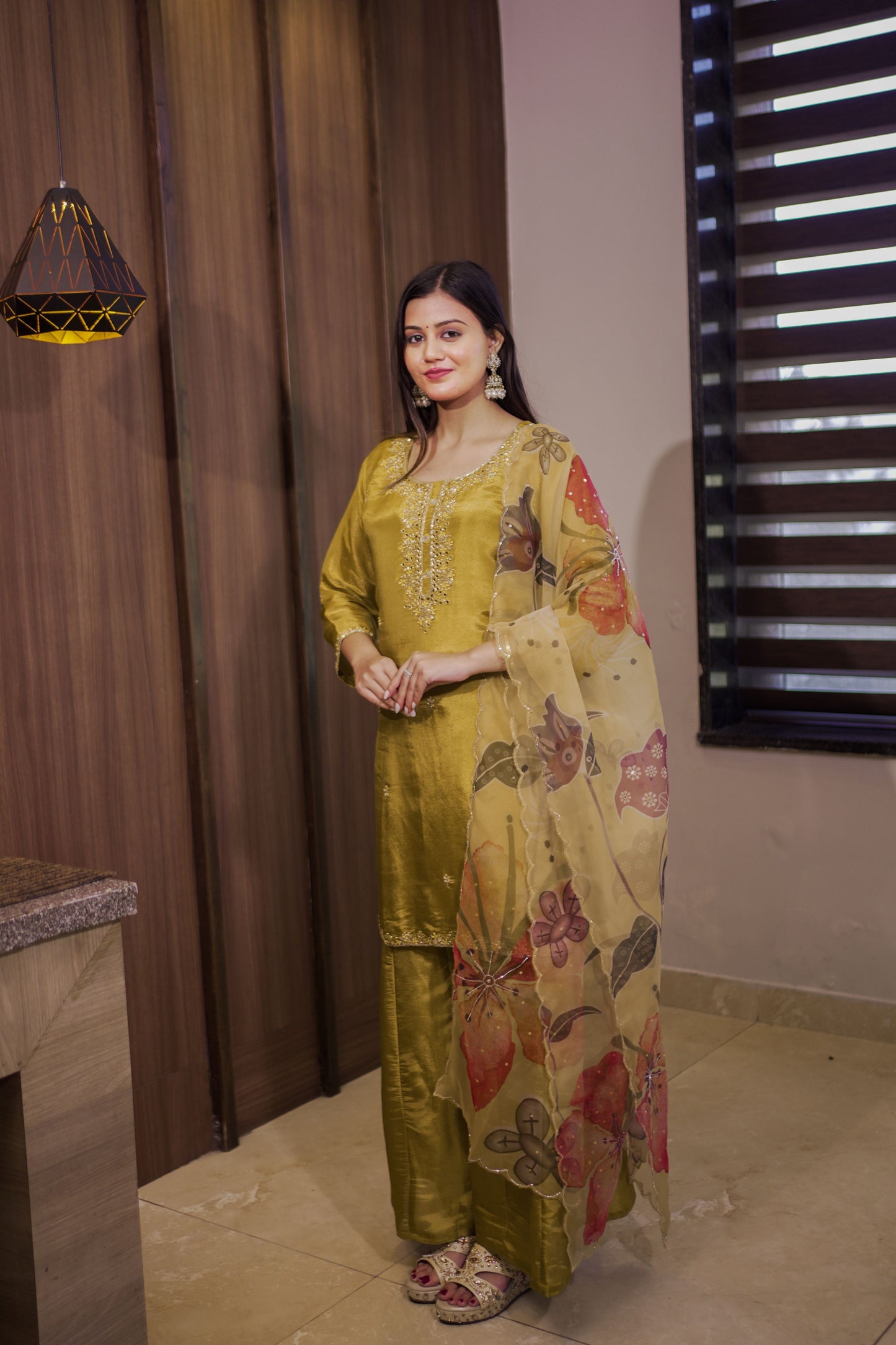 Mustard Silk-Blend Embroidered Suit Set with Printed Dupatta