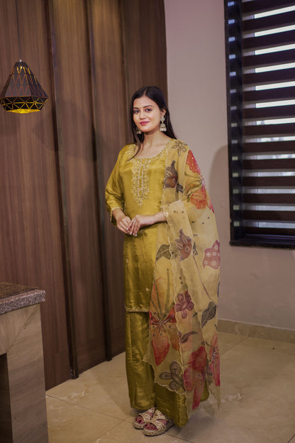 Mustard Silk-Blend Embroidered Suit Set with Printed Dupatta
