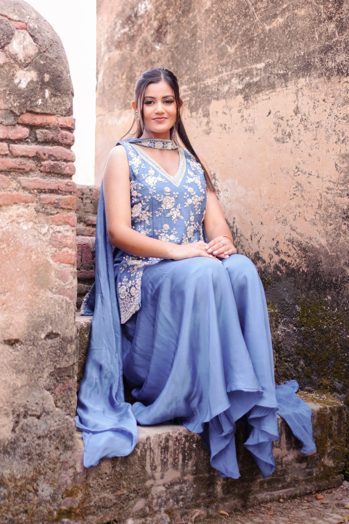 Blue Floral Embroidered Sharara Suit Set GT 715A