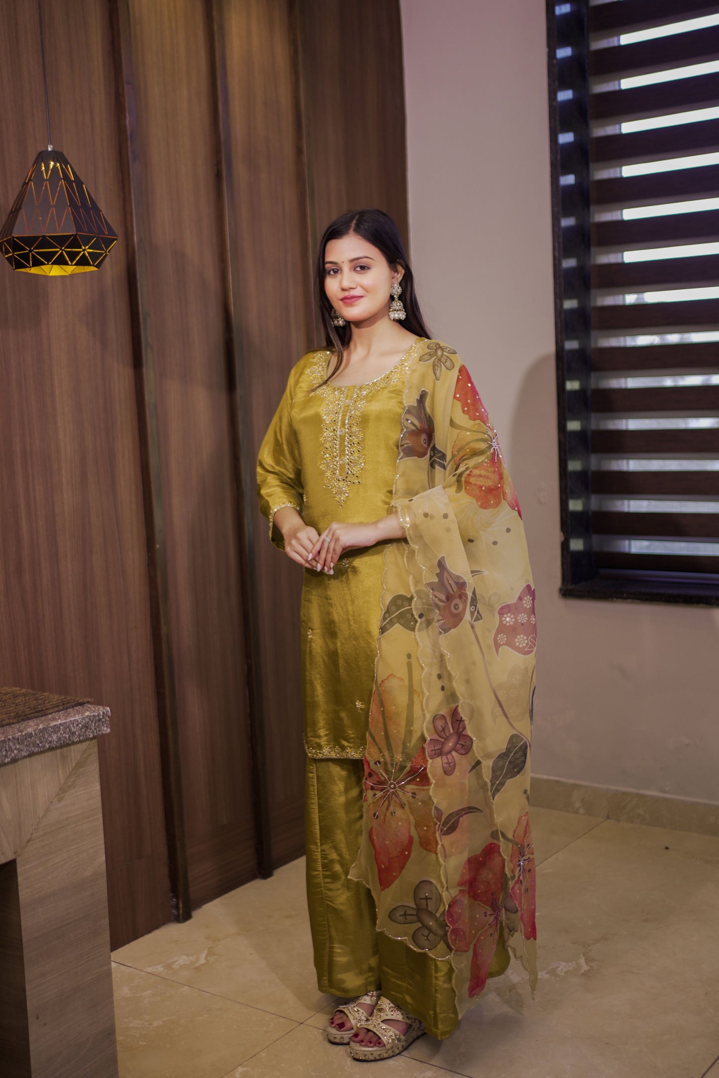 Mustard Silk-Blend Embroidered Suit Set with Printed Dupatta