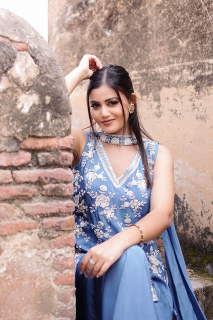 Blue Floral Embroidered Sharara Suit Set GT 715A