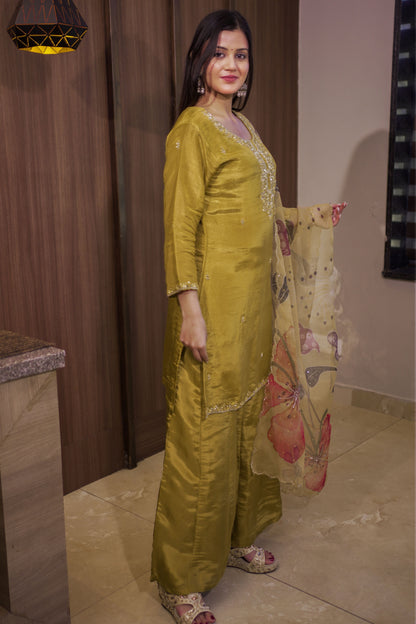 Mustard Silk-Blend Embroidered Suit Set with Printed Dupatta