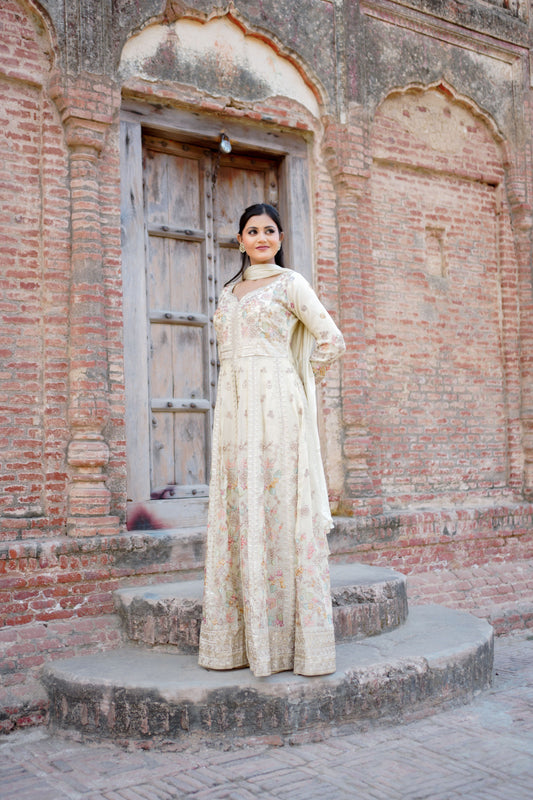 Designer Cream Embroidered Anarkali Outfit GT 722A