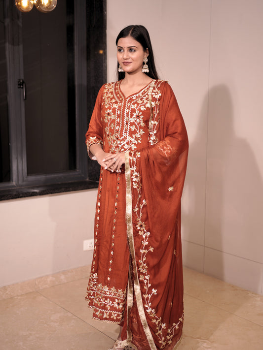 Rust Embroidered Silk Suit Set with Heavy Dupatta
