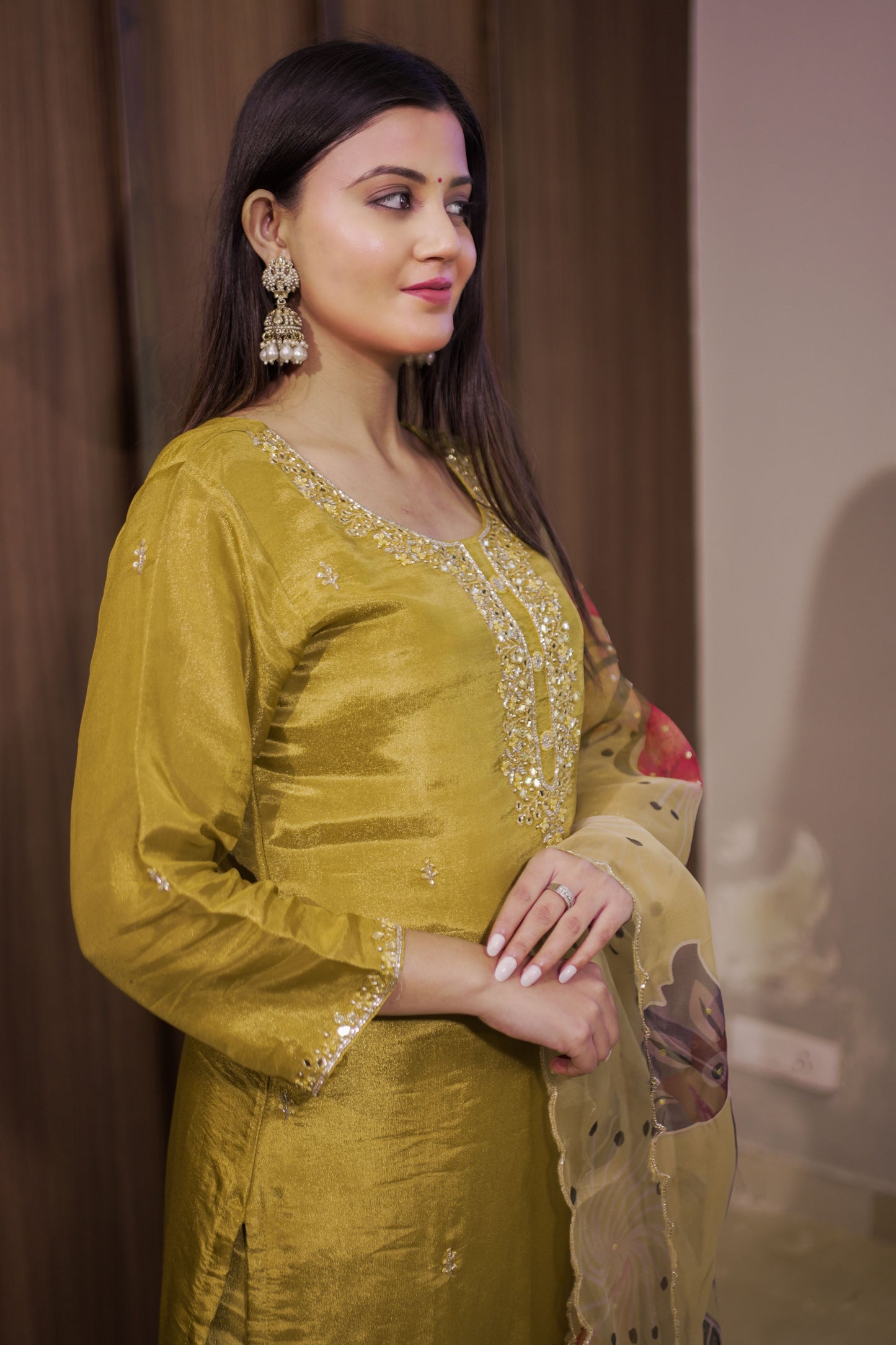 Mustard Silk-Blend Embroidered Suit Set with Printed Dupatta