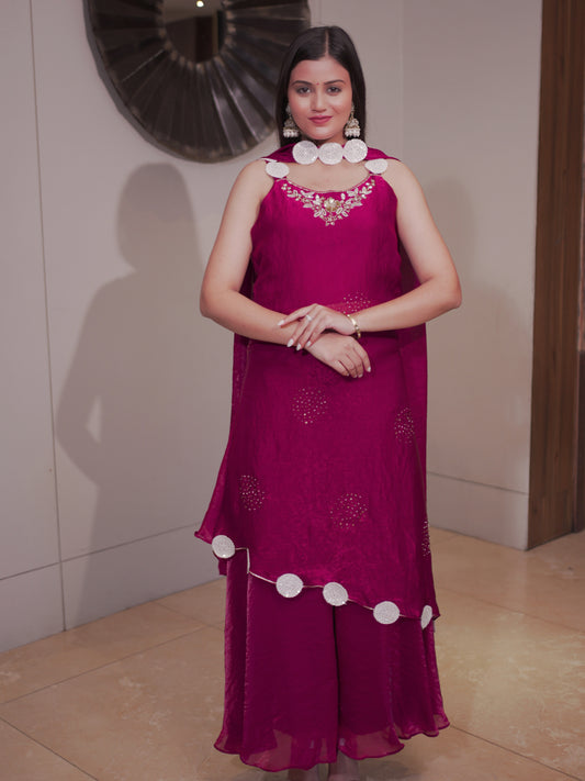 Magenta Embellished Sleeveless Kurta With Sharara Set & Circular Lace Detailing