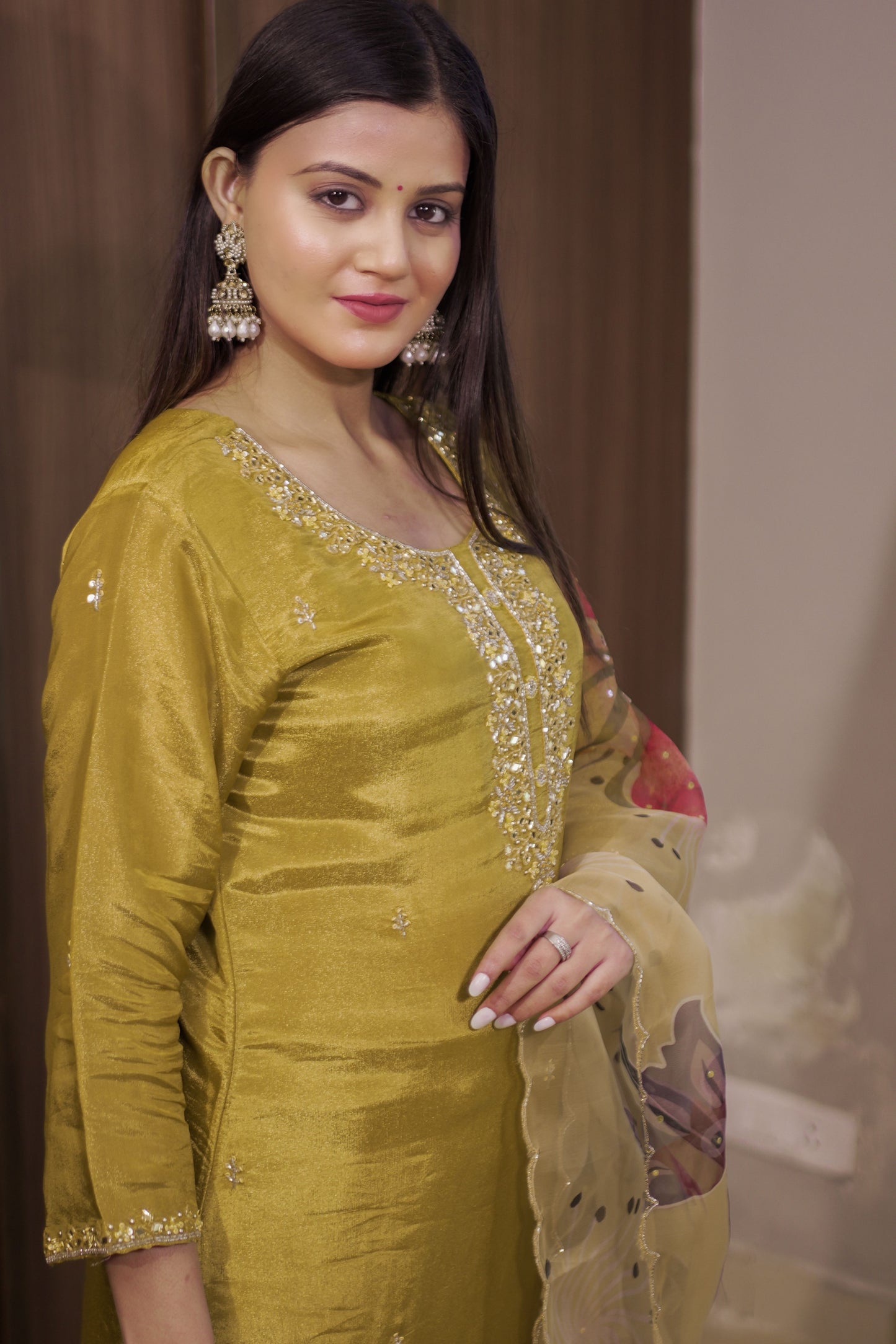 Mustard Silk-Blend Embroidered Suit Set with Printed Dupatta