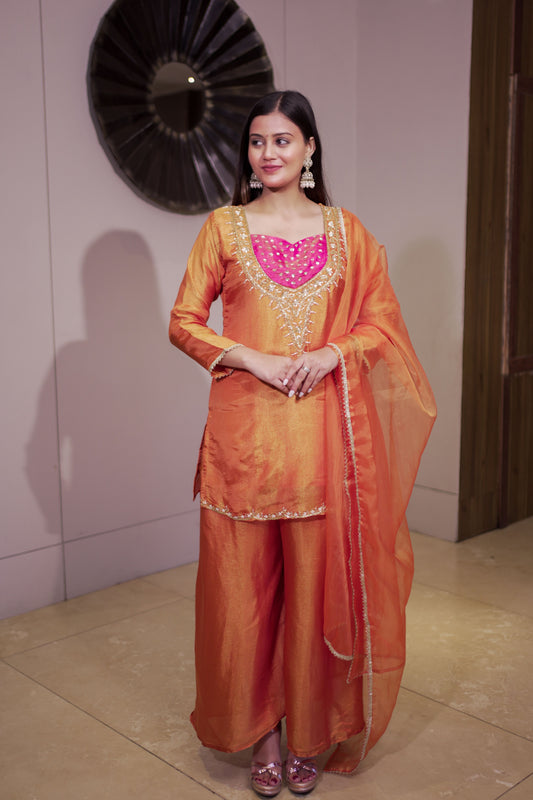Orange Embroidered Silk Suit Set