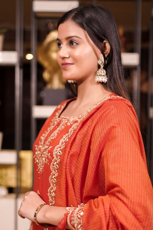 Rust Orange Embroidered Straight Suit Set with Dupatta