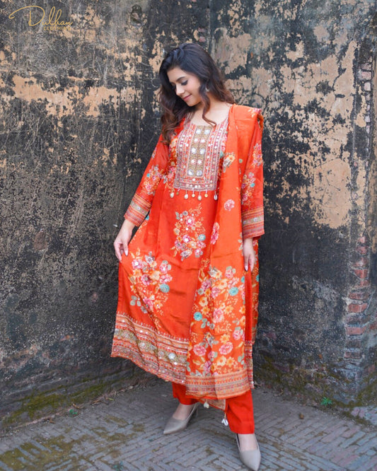 Orange Floral Kurta Set | MX 167 A