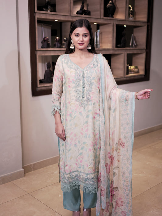 Pastel Floral Printed Embroidered Suit Set