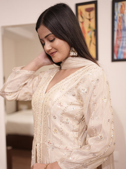 Premium Beige Embroidered Long Kurta Set with Sequin Work & Dupatta