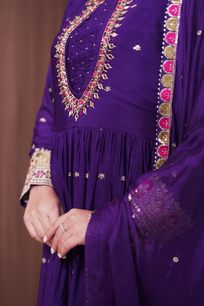 Royal Purple Embroidered Anarkali Suit with Dupatta