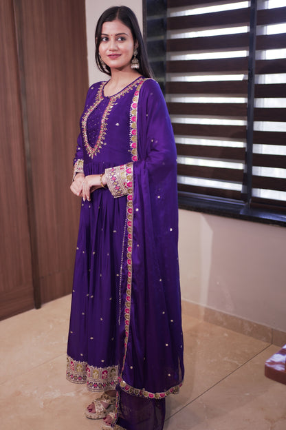 Royal Purple Embroidered Anarkali Suit with Dupatta