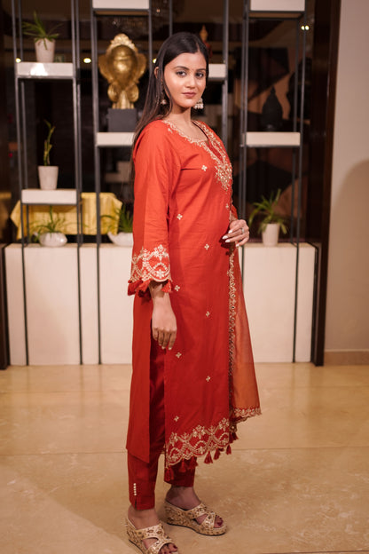 Rust Orange Embroidered Straight Suit Set with Dupatta
