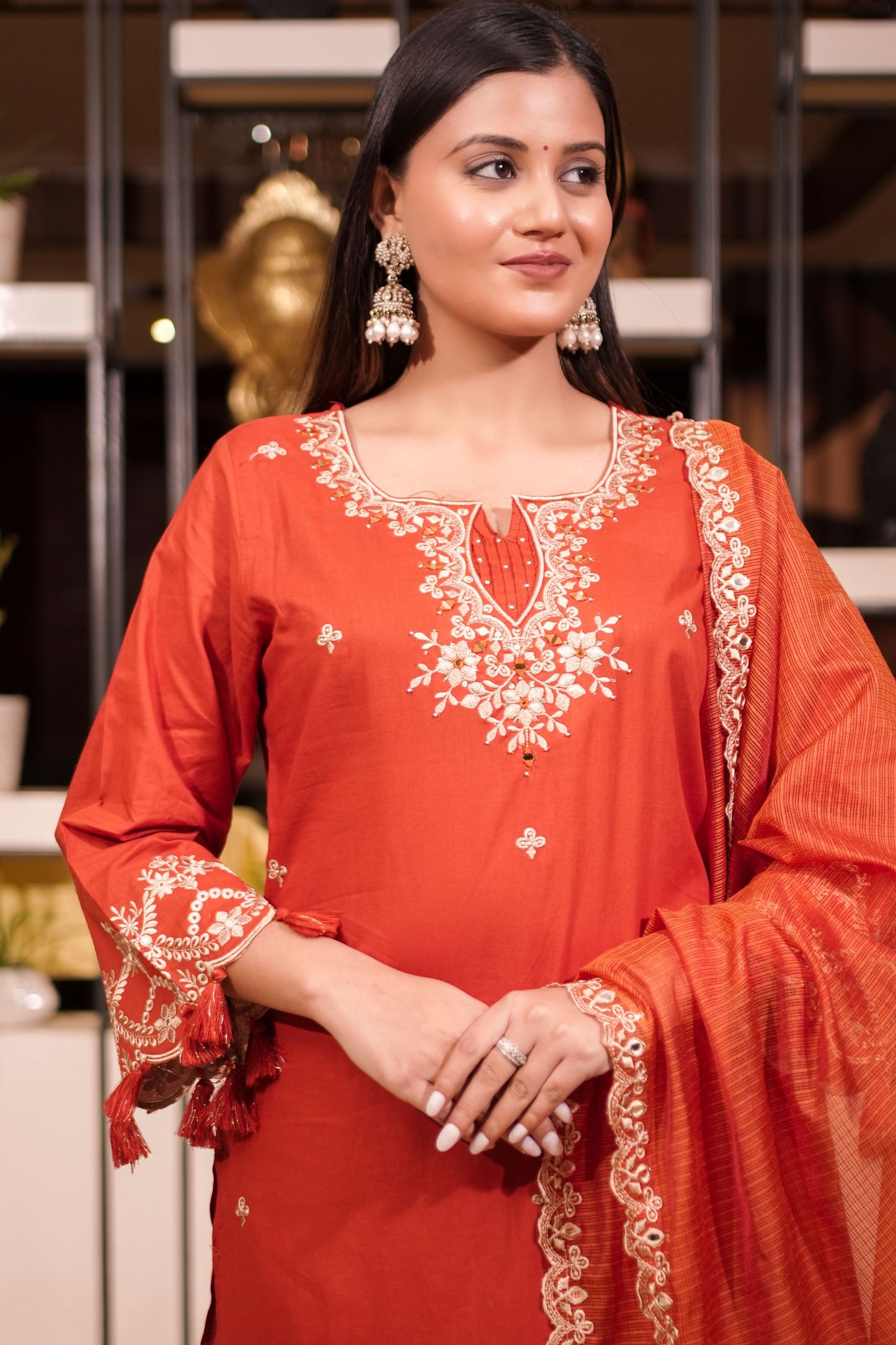 Rust Orange Embroidered Straight Suit Set with Dupatta