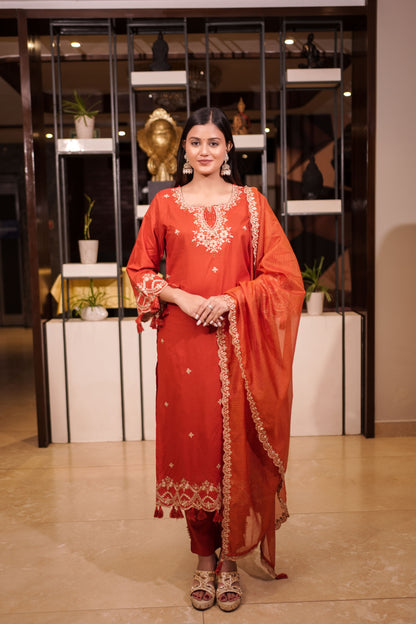 Rust Orange Embroidered Straight Suit Set with Dupatta