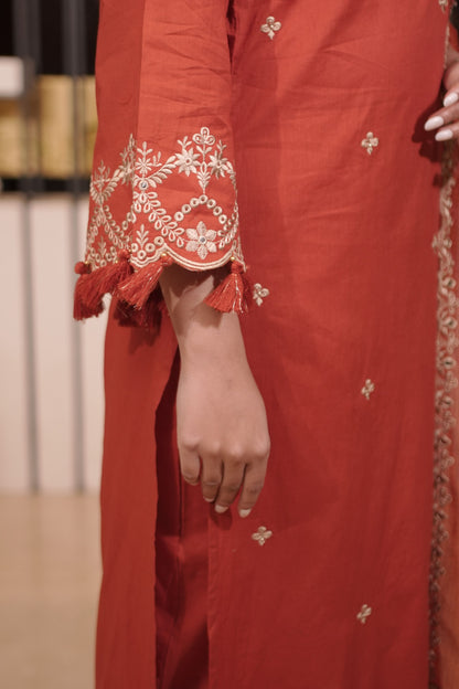 Rust Orange Embroidered Straight Suit Set with Dupatta