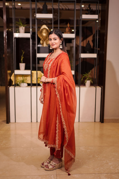 Rust Orange Embroidered Straight Suit Set with Dupatta