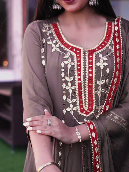 Taupe Brown Embroidered Anarkali Suit Set with Palazzo & Dupatta