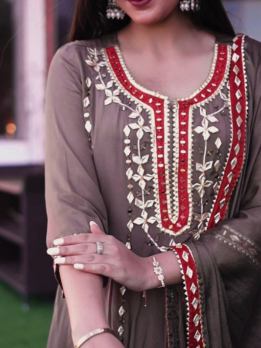 Taupe Brown Embroidered Anarkali Suit Set with Palazzo & Dupatta