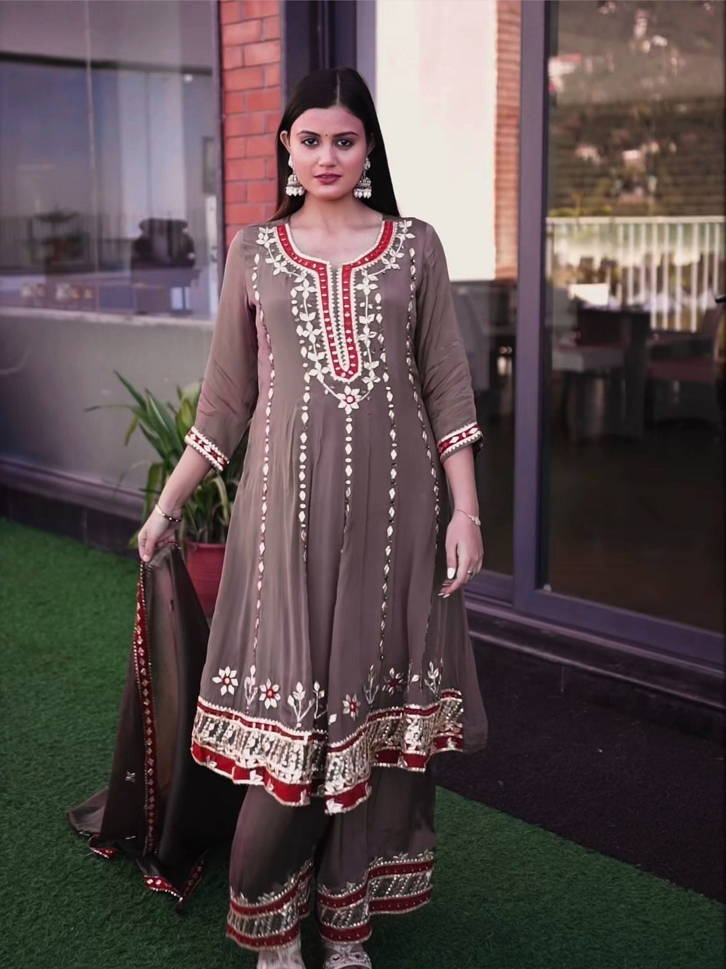 Taupe Brown Embroidered Anarkali Suit Set with Palazzo & Dupatta