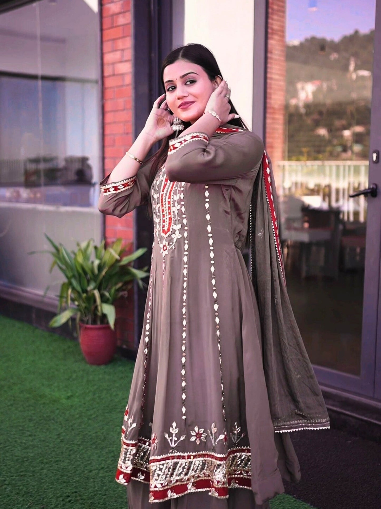 Taupe Brown Embroidered Anarkali Suit Set with Palazzo & Dupatta