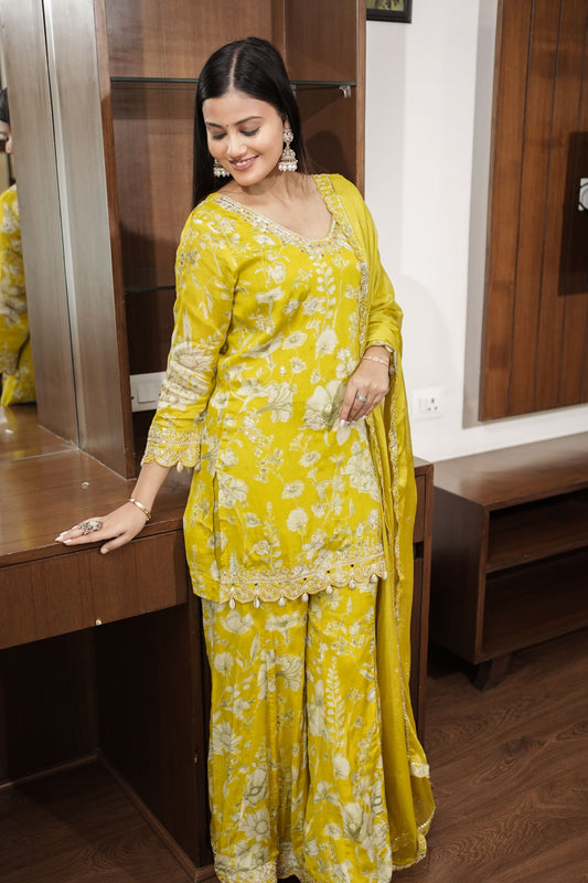 Yellow Floral Printed Sharara Suit Set