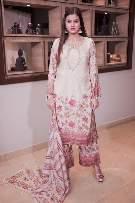 Ivory & Pink Floral Printed Suit Set