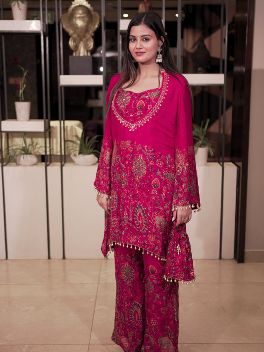 Vibrant Magenta Embroidered Kurta Set With Matching Dupatta & Palazzo Pants