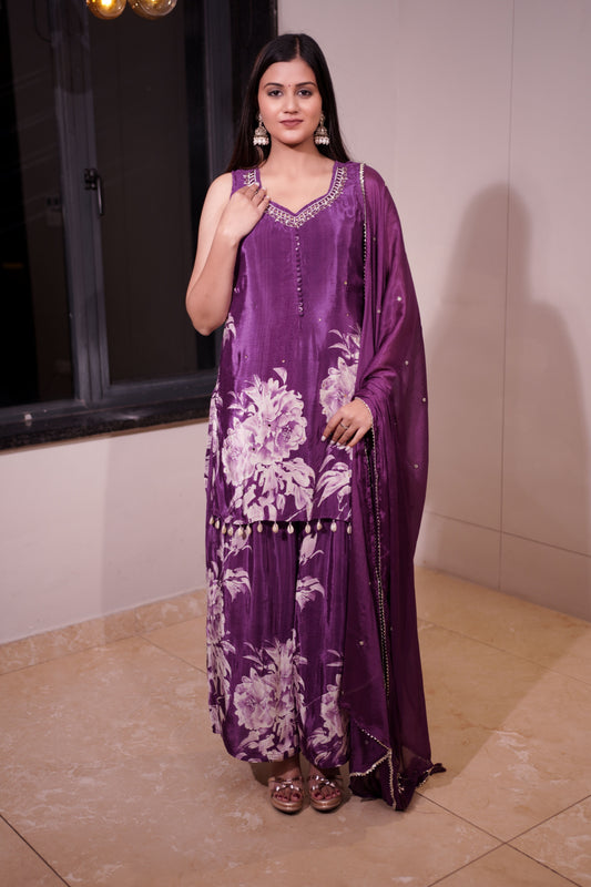 Regal Purple Pure Crepe Floral Suit Set | Festive Wear for Women