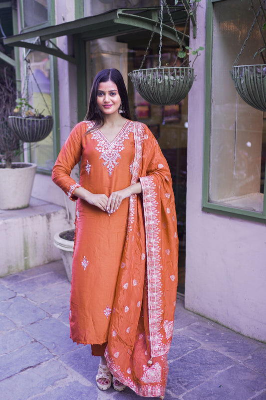 Rust Red Embroidered Suit Set with Dupatta