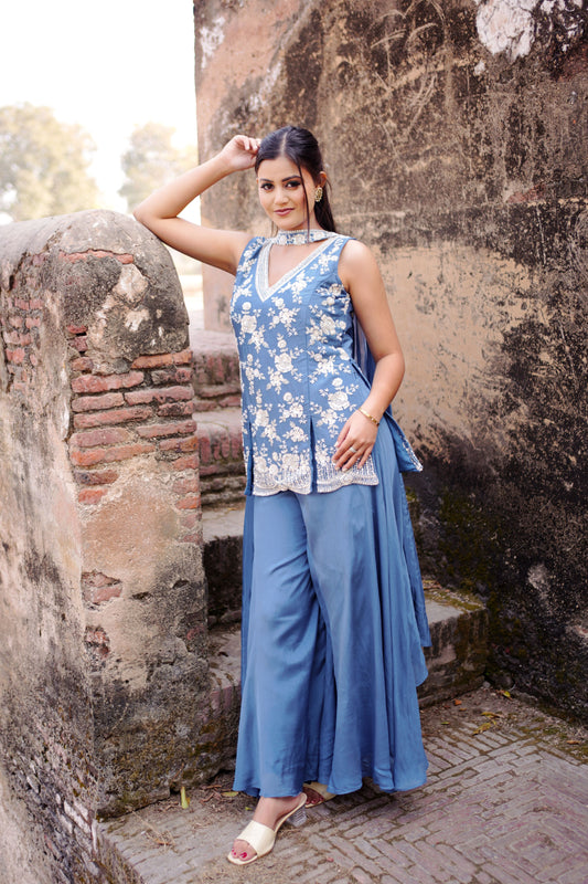 Blue Floral Embroidered Sharara Suit Set GT 715A