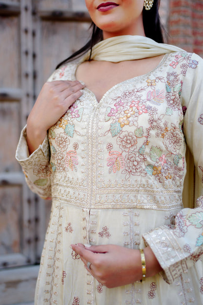 Designer Cream Embroidered Anarkali Outfit GT 722A
