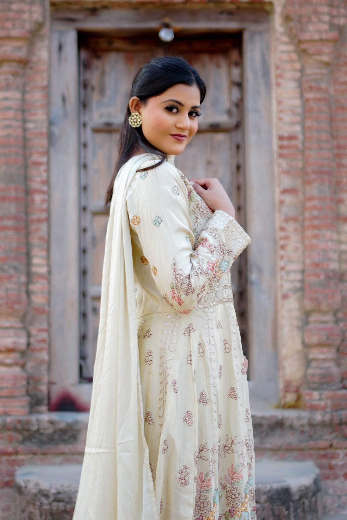 Designer Cream Embroidered Anarkali Outfit GT 722A