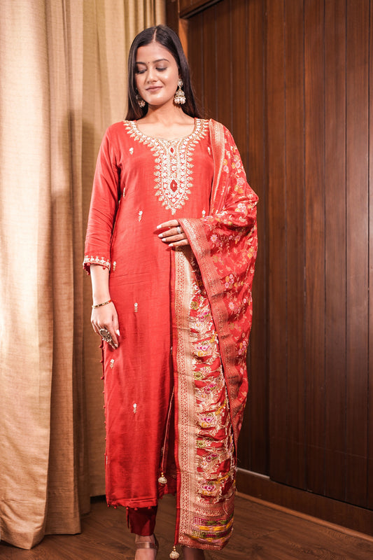 Rust Embroidered Festive Suit Set with Heavy Dupatta