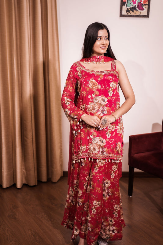 Red Floral Printed Sharara Suit Set
