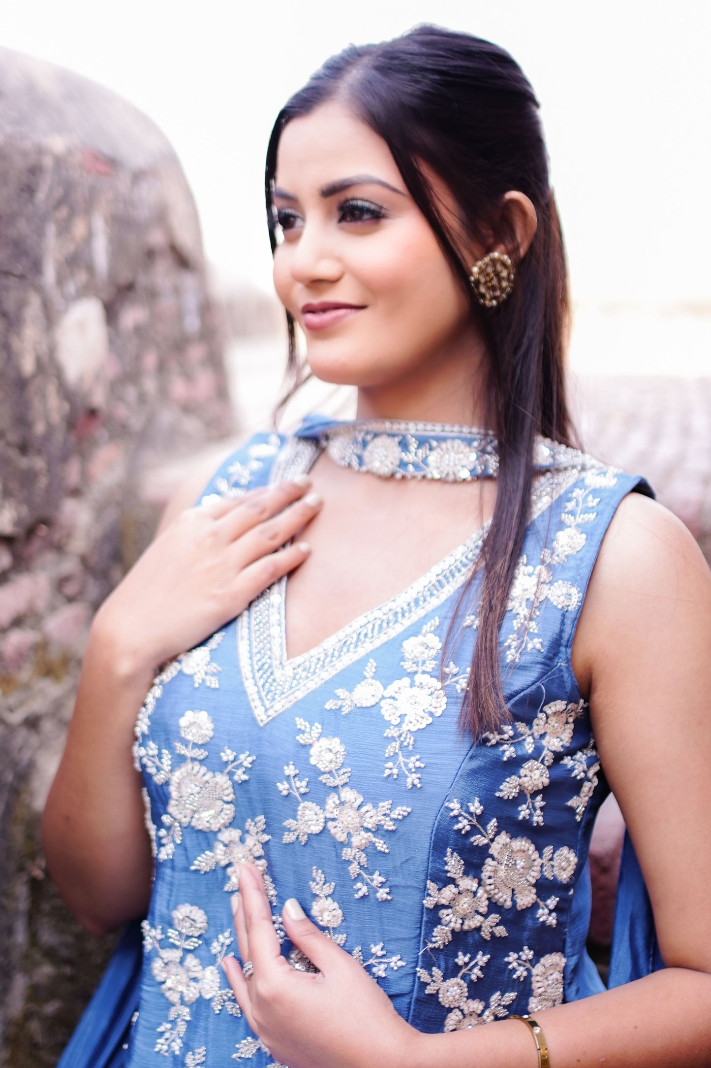 Blue Floral Embroidered Sharara Suit Set GT 715A