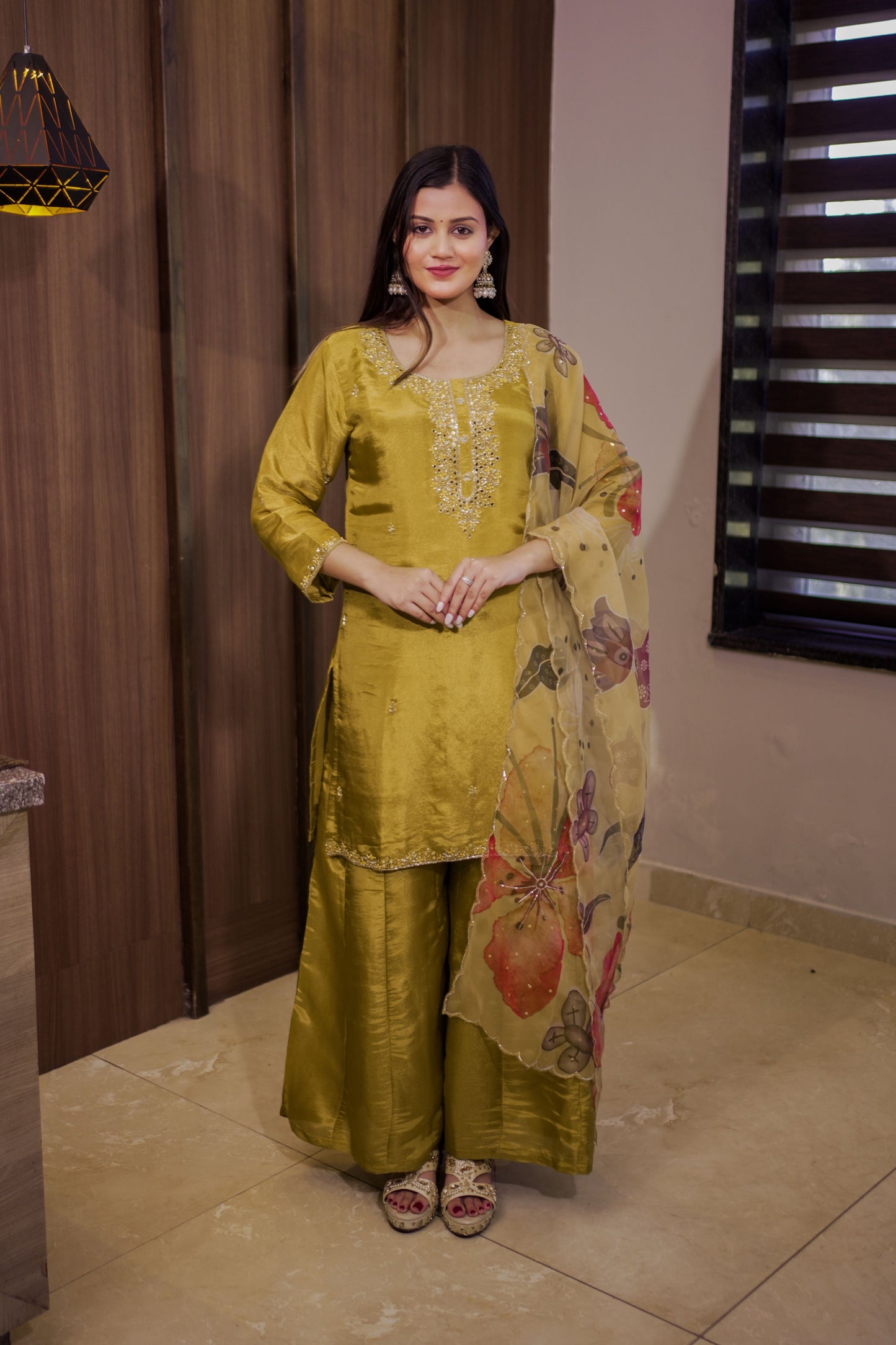 Mustard Silk-Blend Embroidered Suit Set with Printed Dupatta