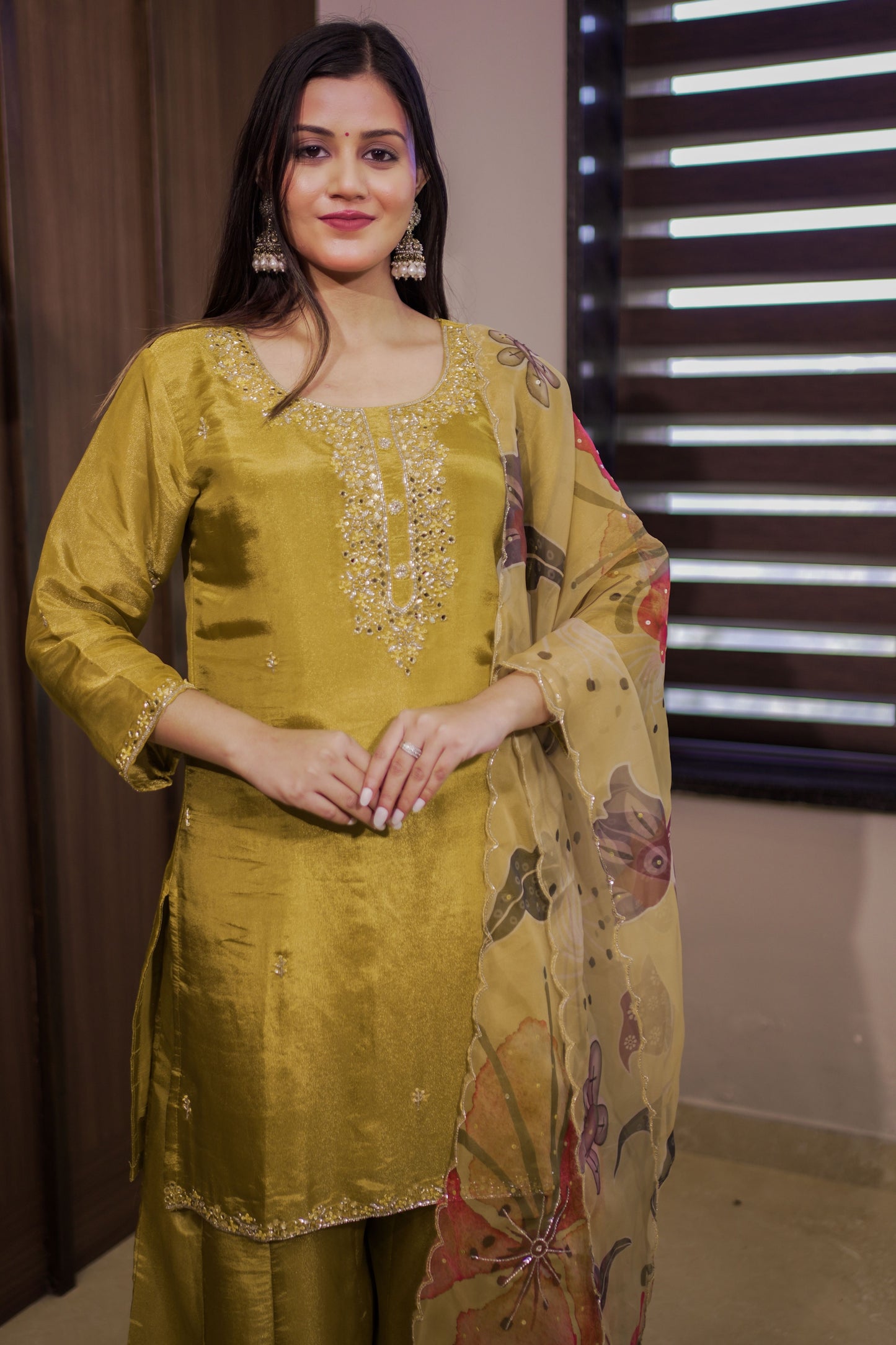 Mustard Silk-Blend Embroidered Suit Set with Printed Dupatta