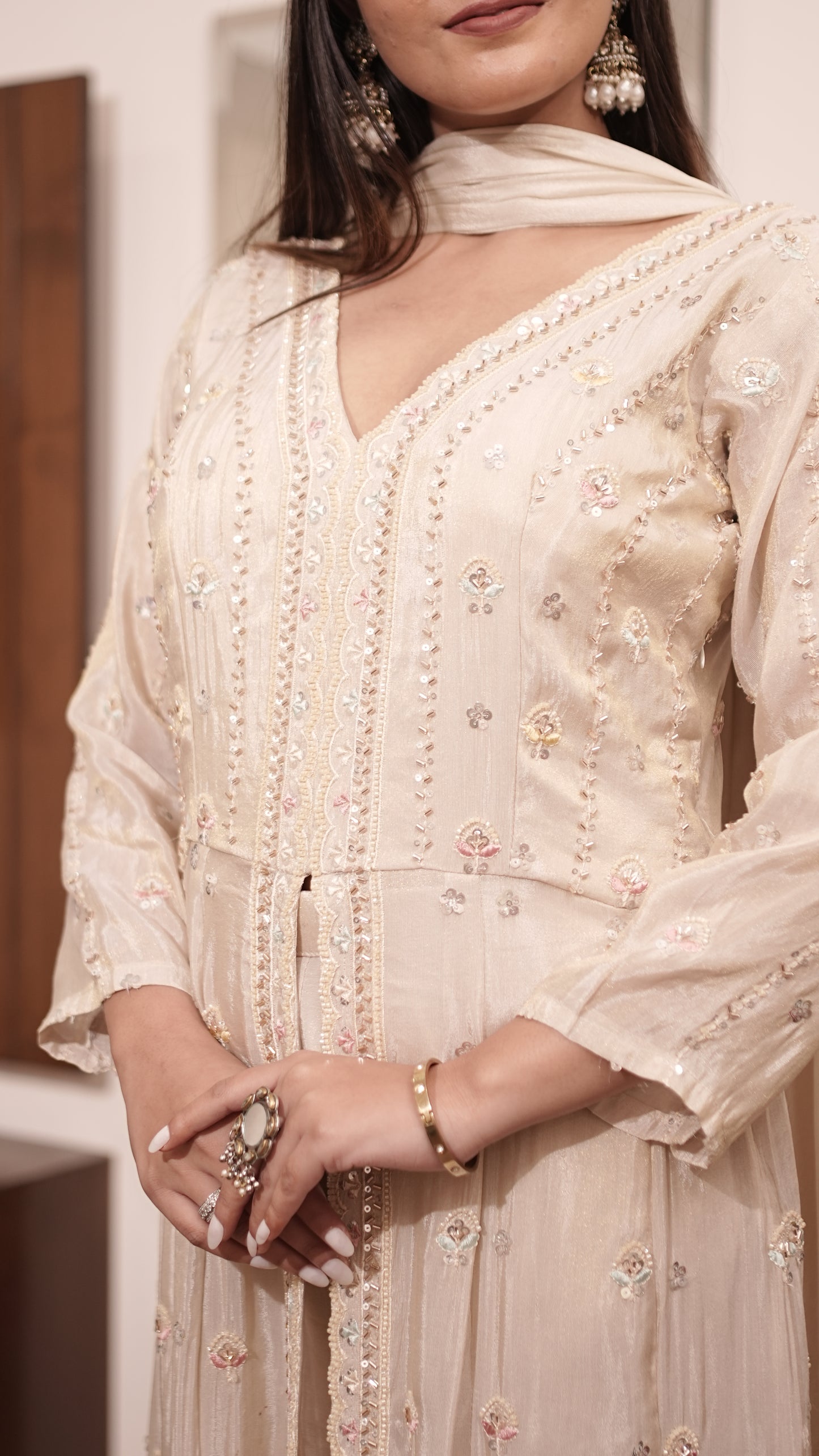 Premium Beige Embroidered Long Kurta Set GT 648C