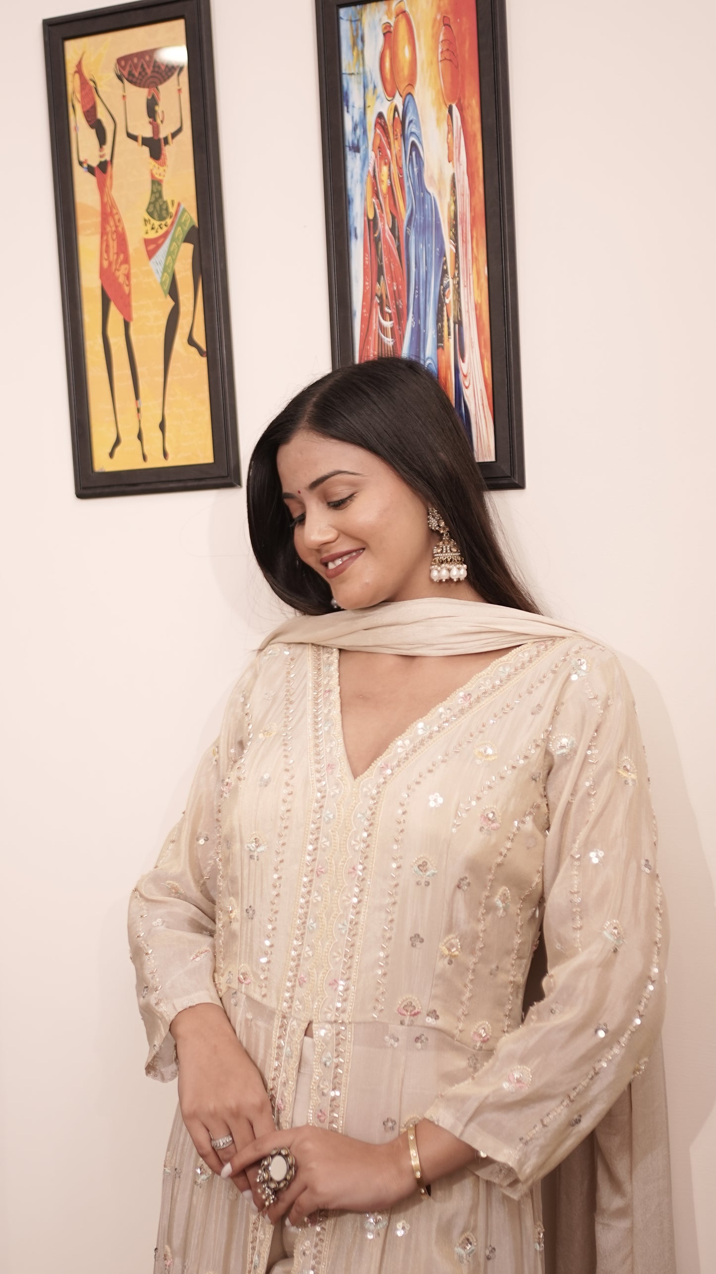 Premium Beige Embroidered Long Kurta Set GT 648C