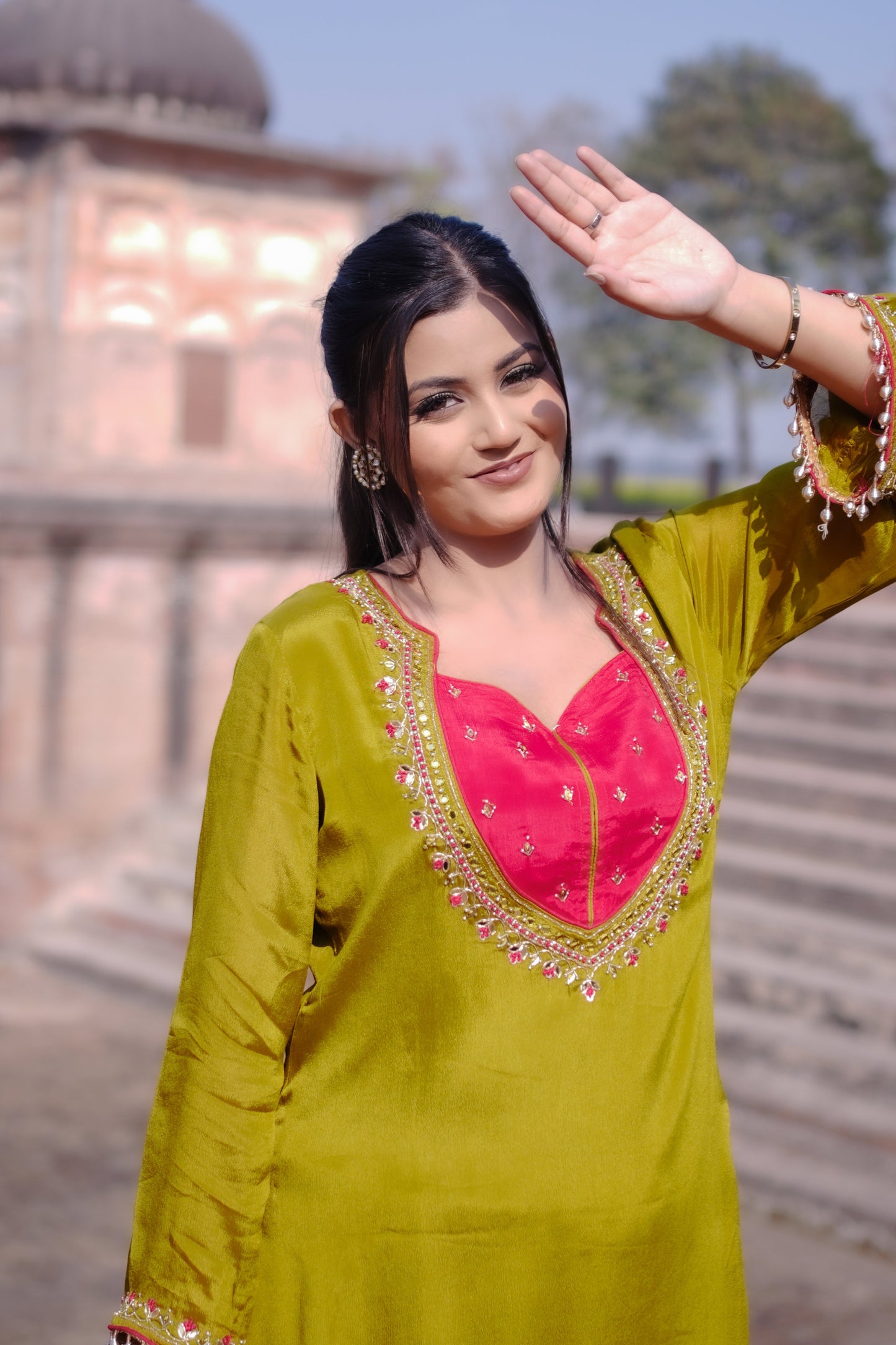 Olive Green Hand-Embroidered Sharara Suit Set GT 672C