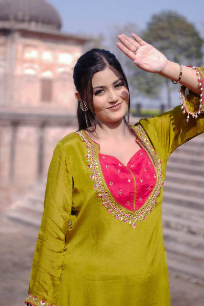 Olive Green Hand-Embroidered Sharara Suit Set GT 672C