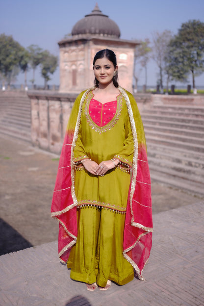 Olive Green Hand-Embroidered Sharara Suit Set GT 672C